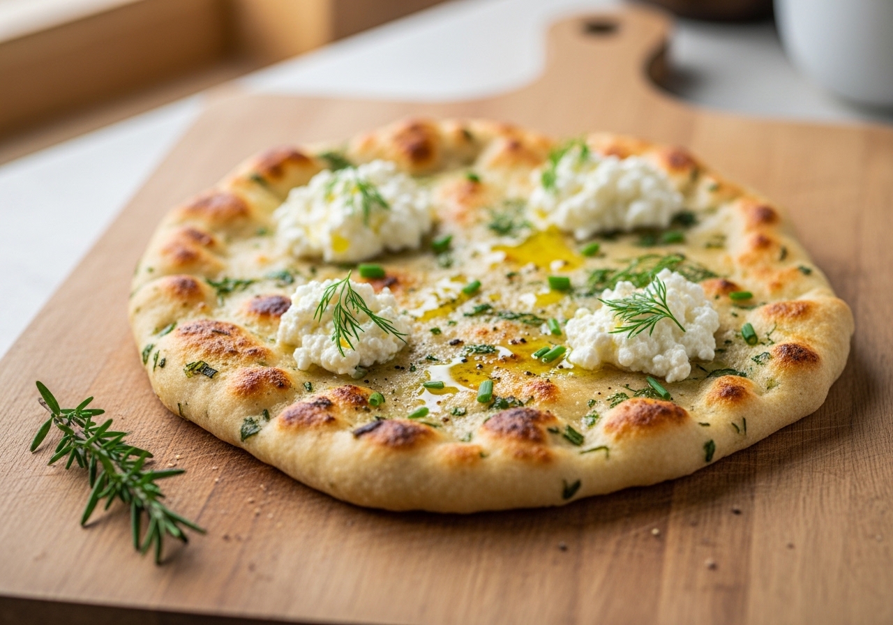 High protein cottage cheese flatbread sliced and served with fresh vegetables and dip