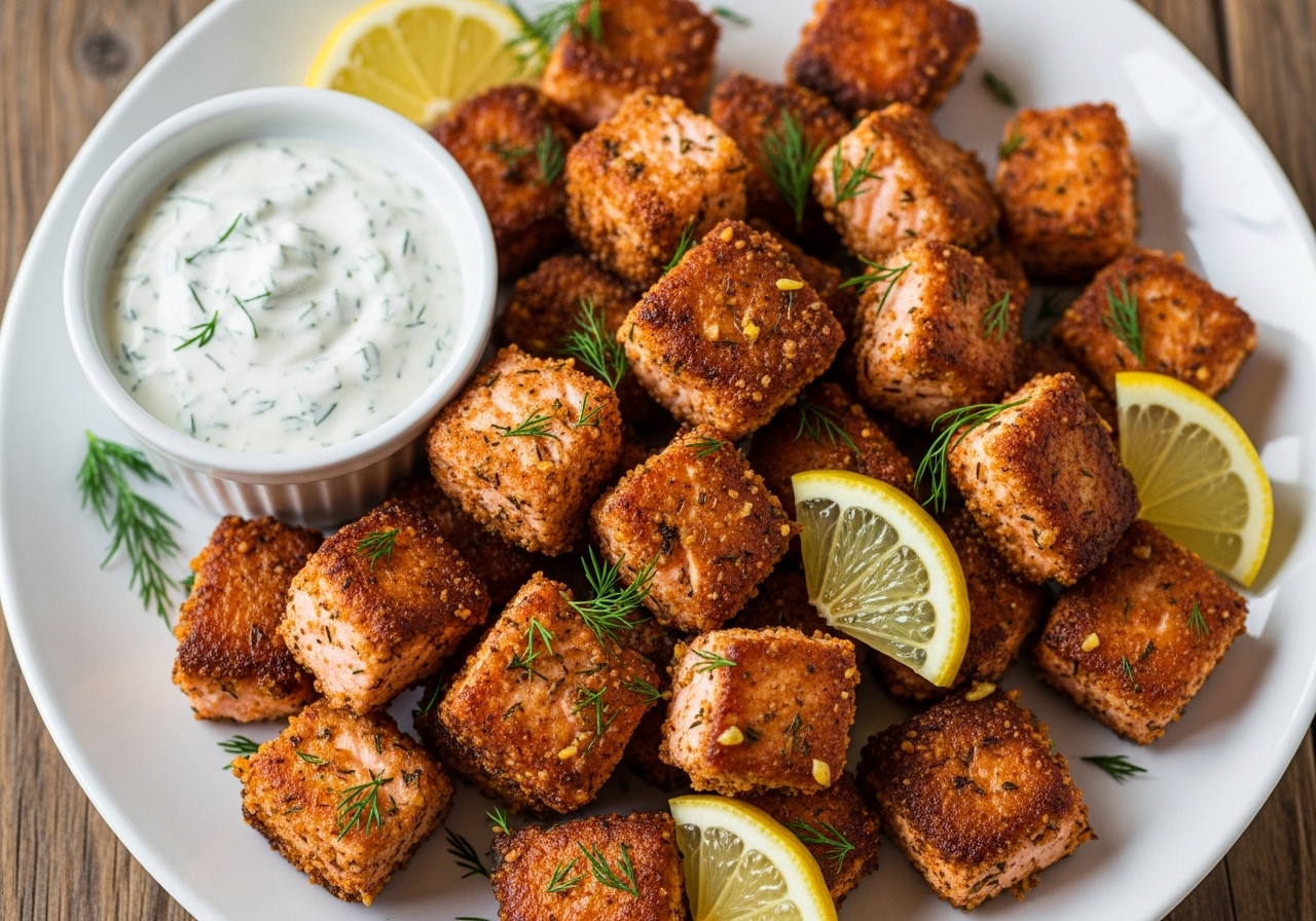 Crispy air fryer salmon bites served in a bowl with lemon slices and fresh herbs