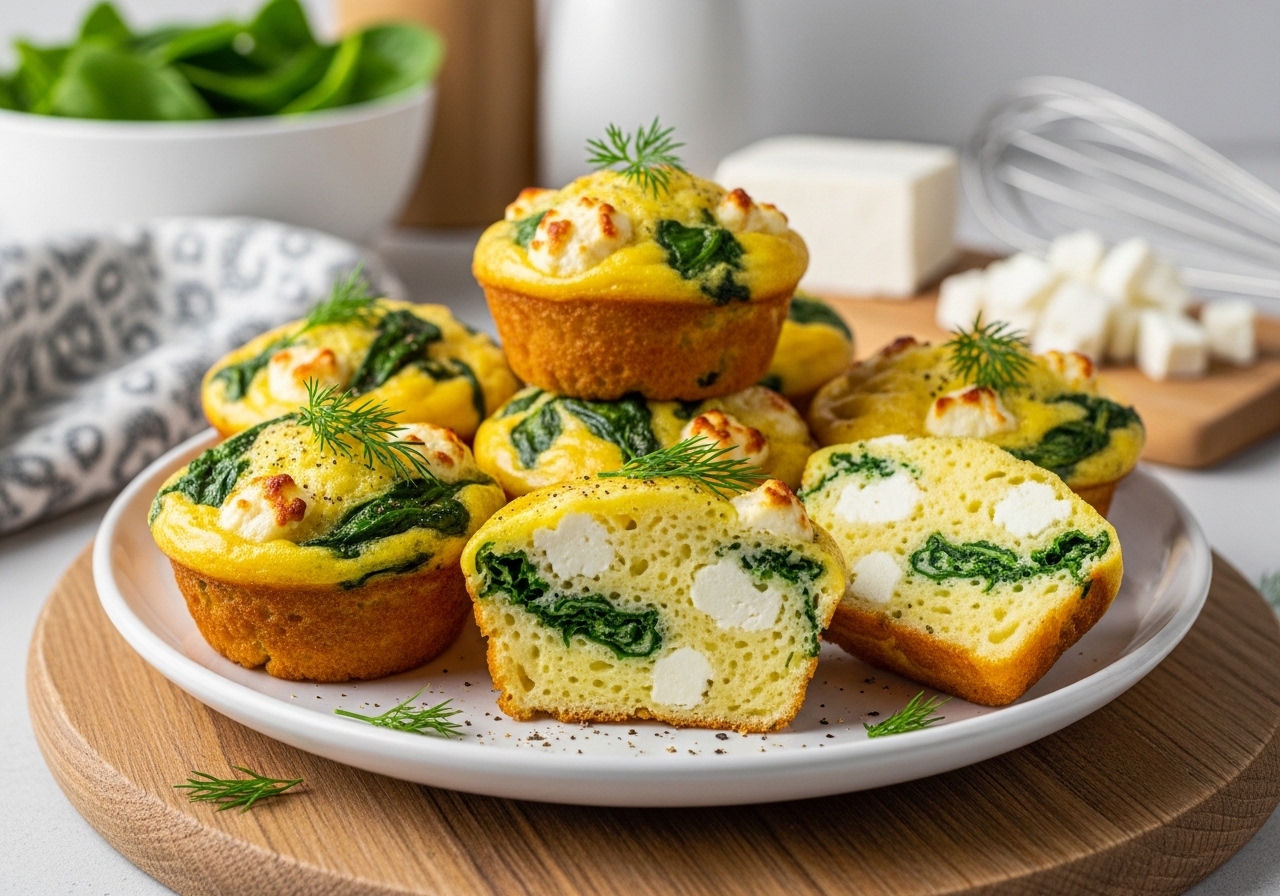 High protein spinach and feta egg muffins baked in a muffin tin for healthy breakfast meal prep