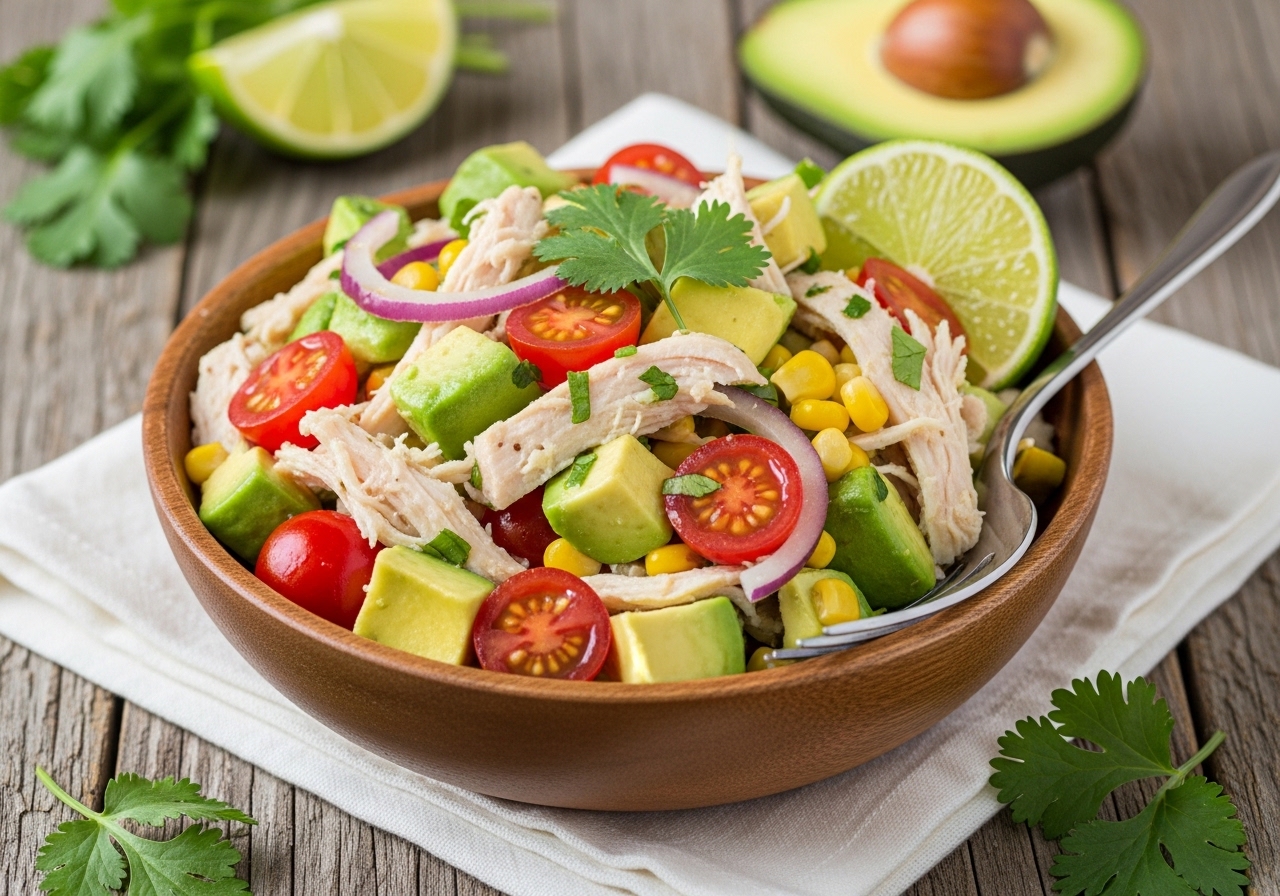 High protein avocado chicken salad served in a bowl with fresh herbs and lime slices