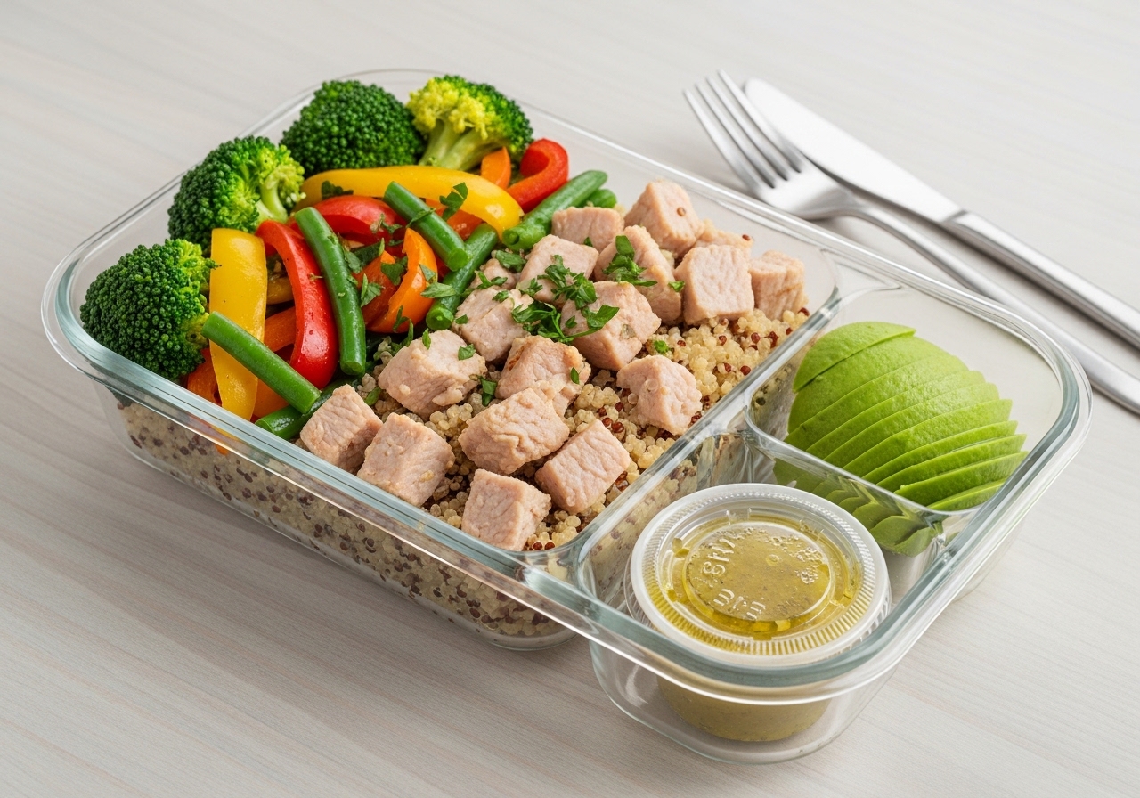 High protein turkey quinoa bowl with vegetables served in a meal prep container