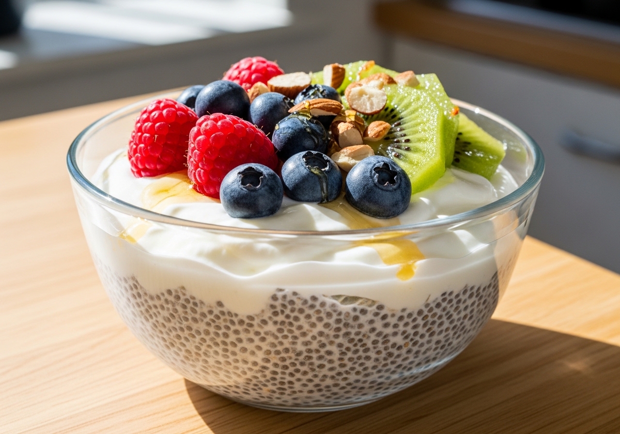 High protein chia pudding with Greek yogurt topped with berries in a glass jar