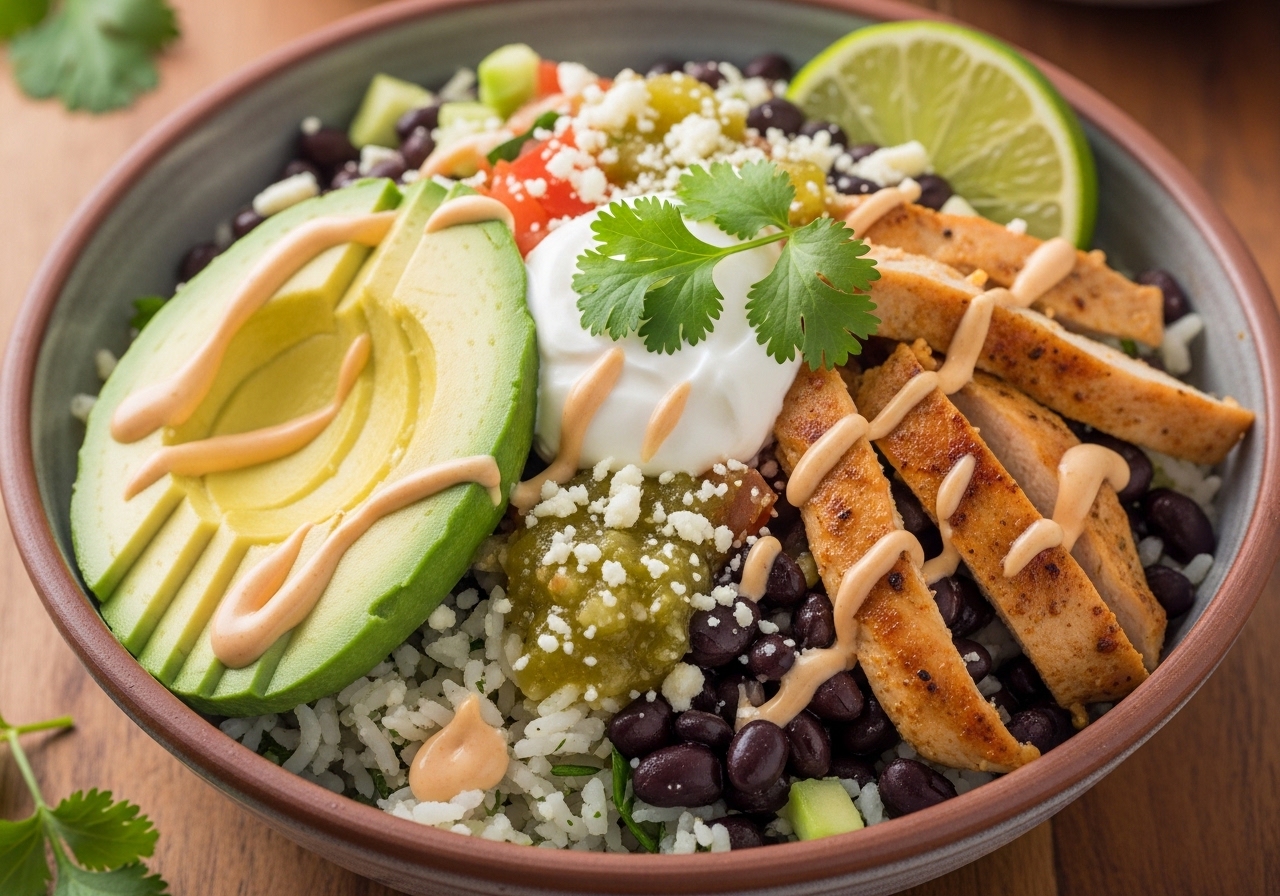 High protein chicken taco bowl with rice, beans, avocado, and grilled chicken