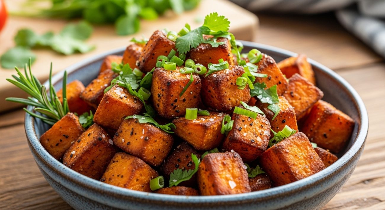 Crispy air fryer sweet potato cubes served in a bowl with fresh herbs