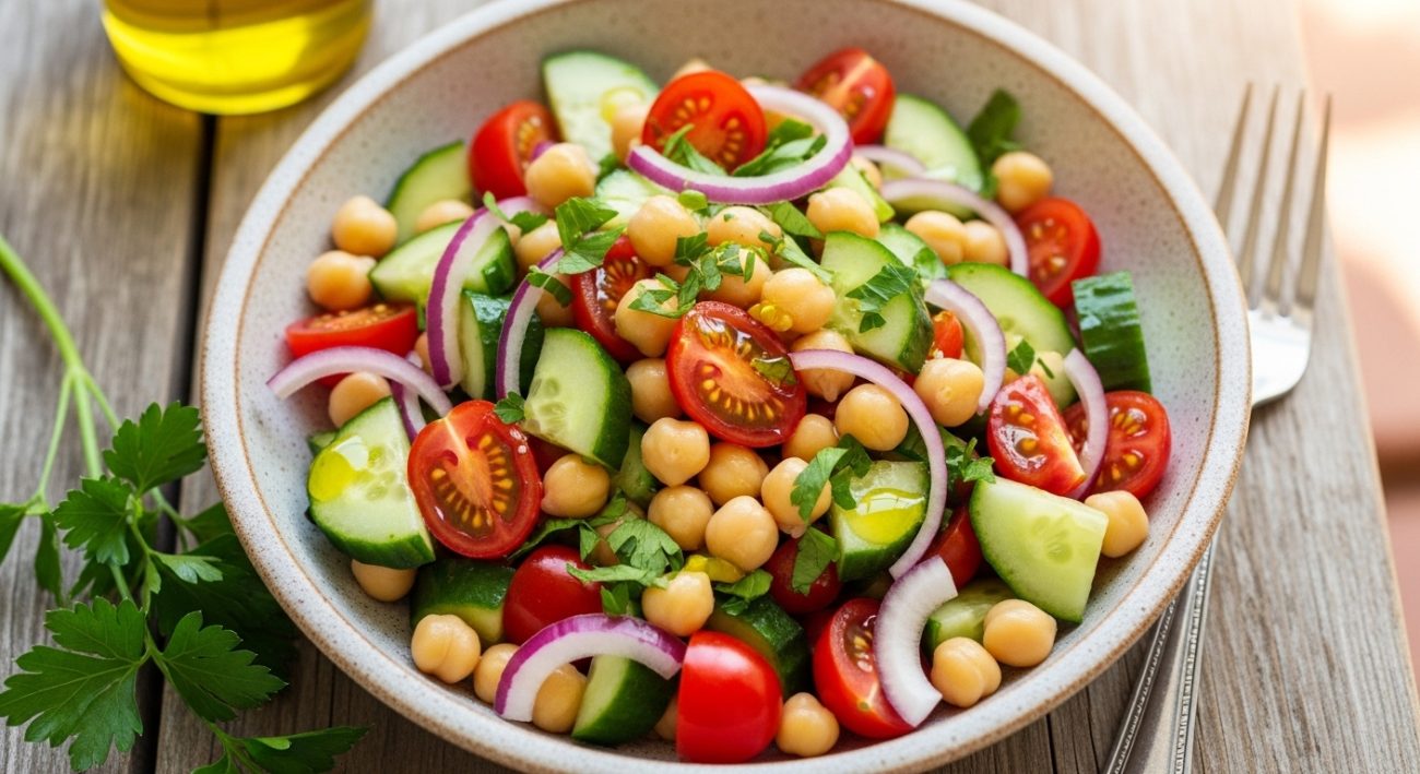 Mediterranean chickpea cucumber salad with tomatoes, olive oil, and fresh parsley