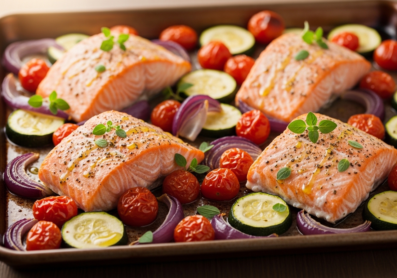 Mediterranean baked salmon with zucchini, cherry tomatoes, red onion and olive oil on a sheet pan