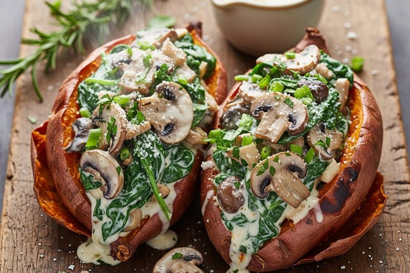 Creamy Garlic Mushroom & Spinach Stuffed Sweet Potatoes