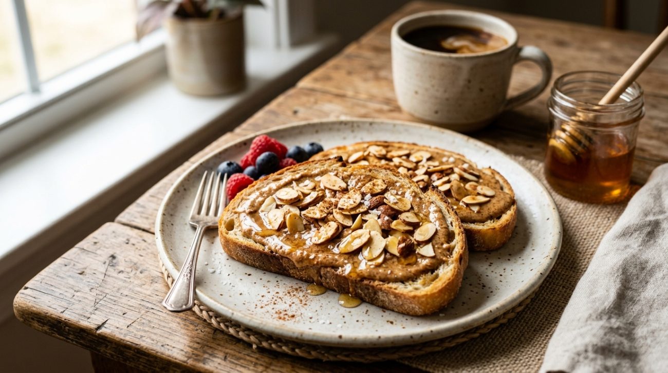Honey Almond Breakfast Toast is a healthy breakfast made with almond butter, honey, sliced almonds and whole-grain toast.