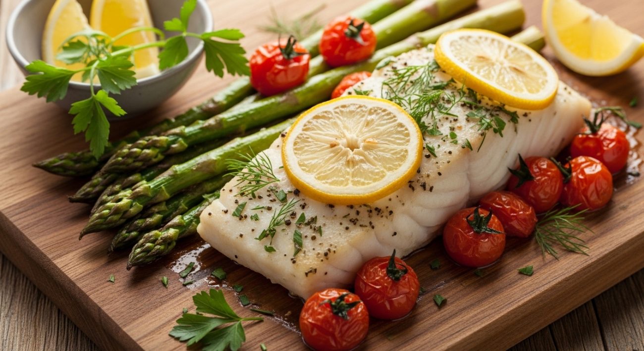 Baked lemon herb cod with roasted vegetables on sheet pan healthy dinner