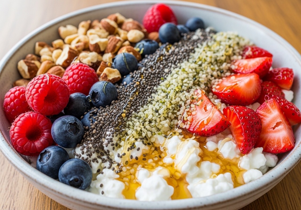 High protein cottage cheese breakfast bowl with berries and chia seeds