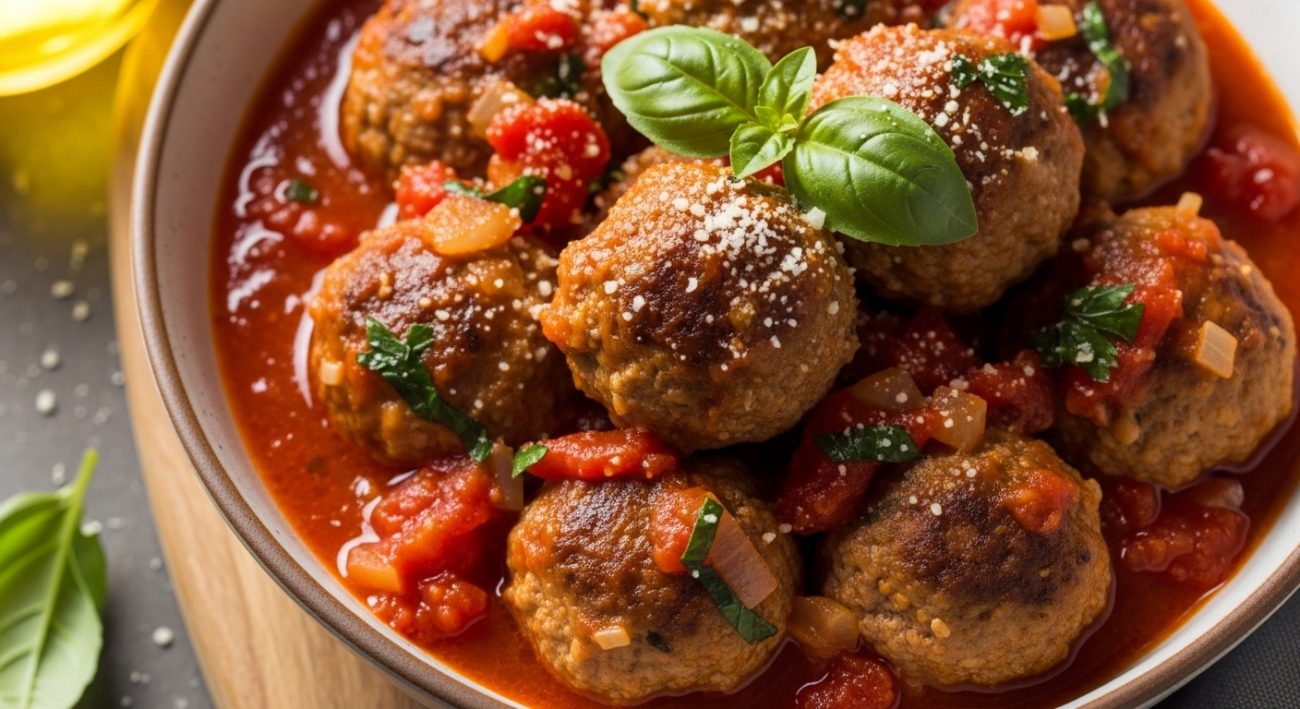 Healthy turkey meatballs with tomato sauce served as high protein dinner