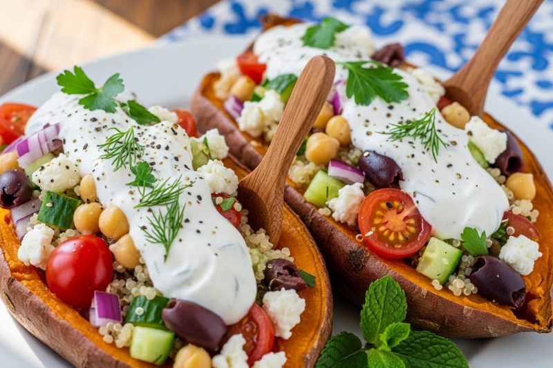 Mediterranean Stuffed Sweet Potatoes with Garlic Yogurt (High Protein & 100% Healthy)