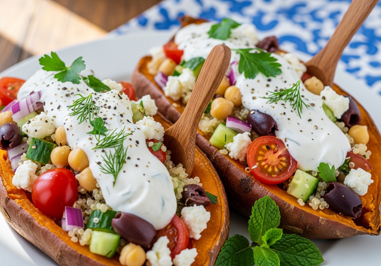 Mediterranean stuffed sweet potatoes with garlic yogurt sauce