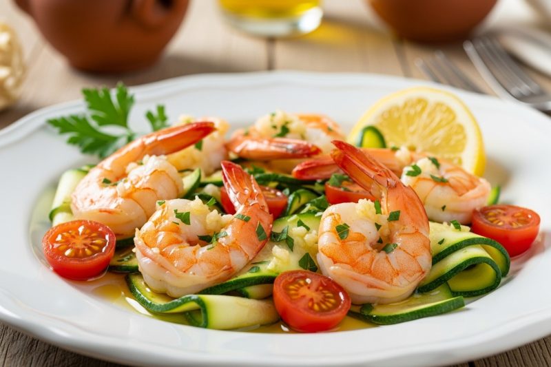 Mediterranean Garlic Shrimp with Zucchini & Cherry Tomatoes (High Protein Low Carb Dinner – 100% Healthy)