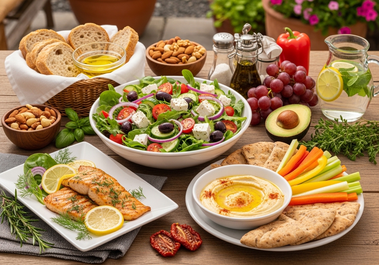 A menu featuring Mediterranean diet dishes