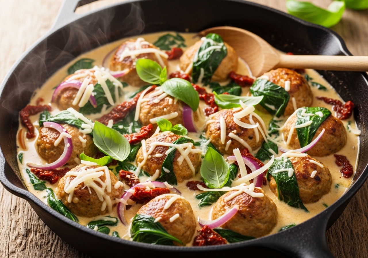 Creamy Tuscan chicken meatballs skillet
