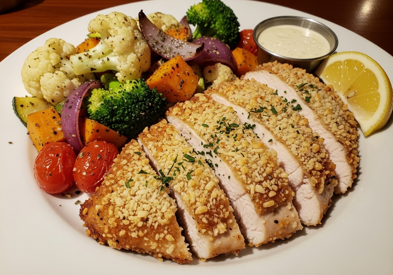 Crispy Parmesan Crusted Chicken with Roasted Vegetables