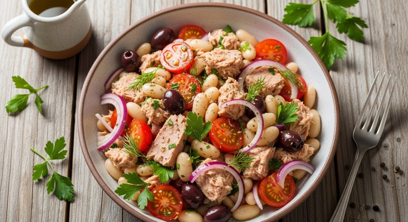 Mediterranean White Bean & Tuna Salad is a healthy high-protein Mediterranean recipe made with tuna, white beans, fresh vegetables and olive oil.