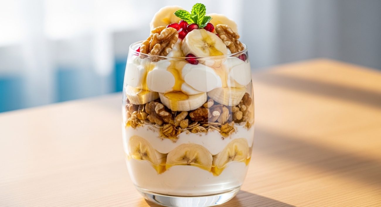 Mediterranean Yogurt Banana Walnut Parfait is a healthy high-protein breakfast made with Greek yogurt, bananas, walnuts and granola.