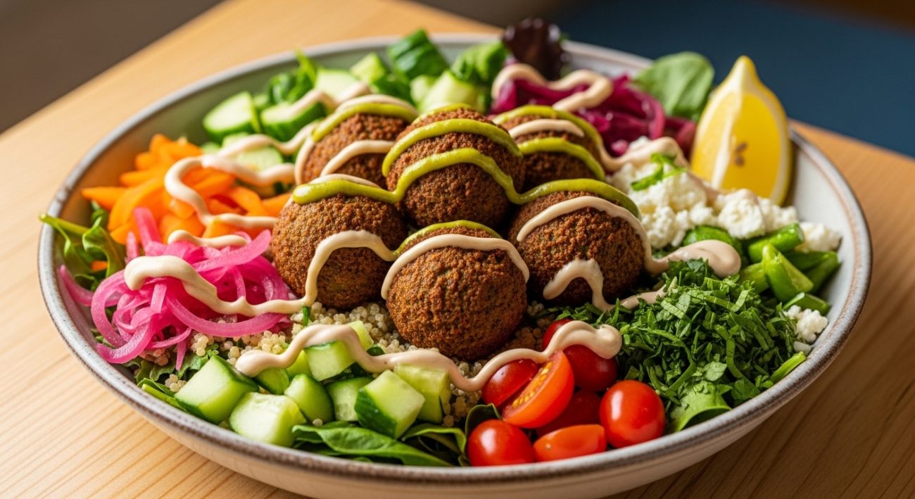 Mediterranean Falafel Bowl is a healthy plant-based meal made with crispy falafel, quinoa, fresh vegetables and creamy tahini dressing.
