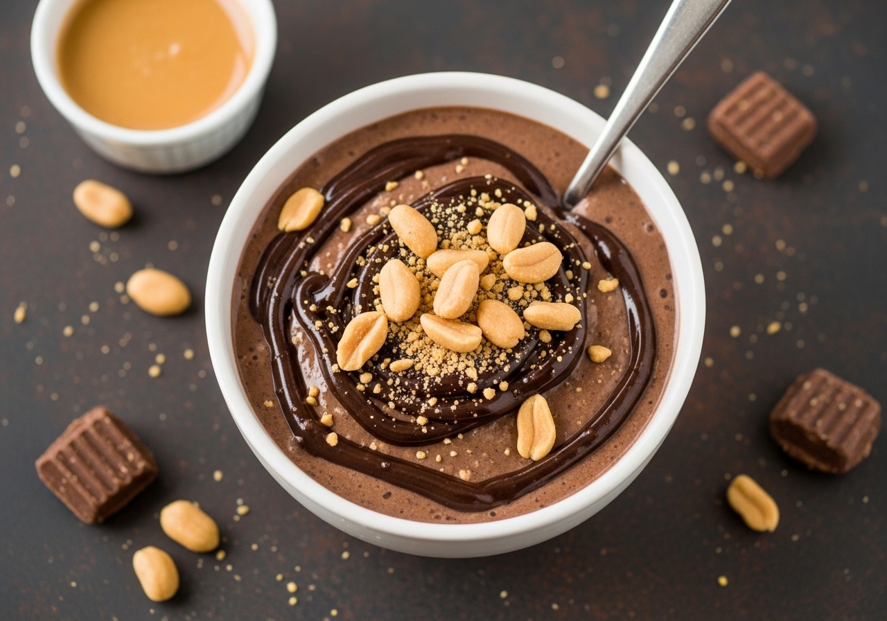 Chocolate Peanut Butter Protein Smoothie Bowl is a healthy high-protein breakfast made with banana, cocoa, peanut butter and yogurt.