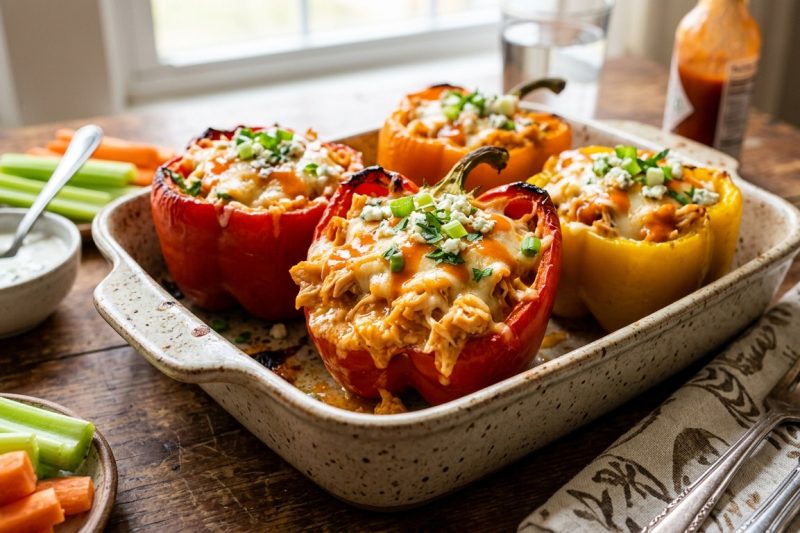 Juicy Buffalo Chicken Stuffed Peppers (100% Healthy High Protein Low Carb Dinner)