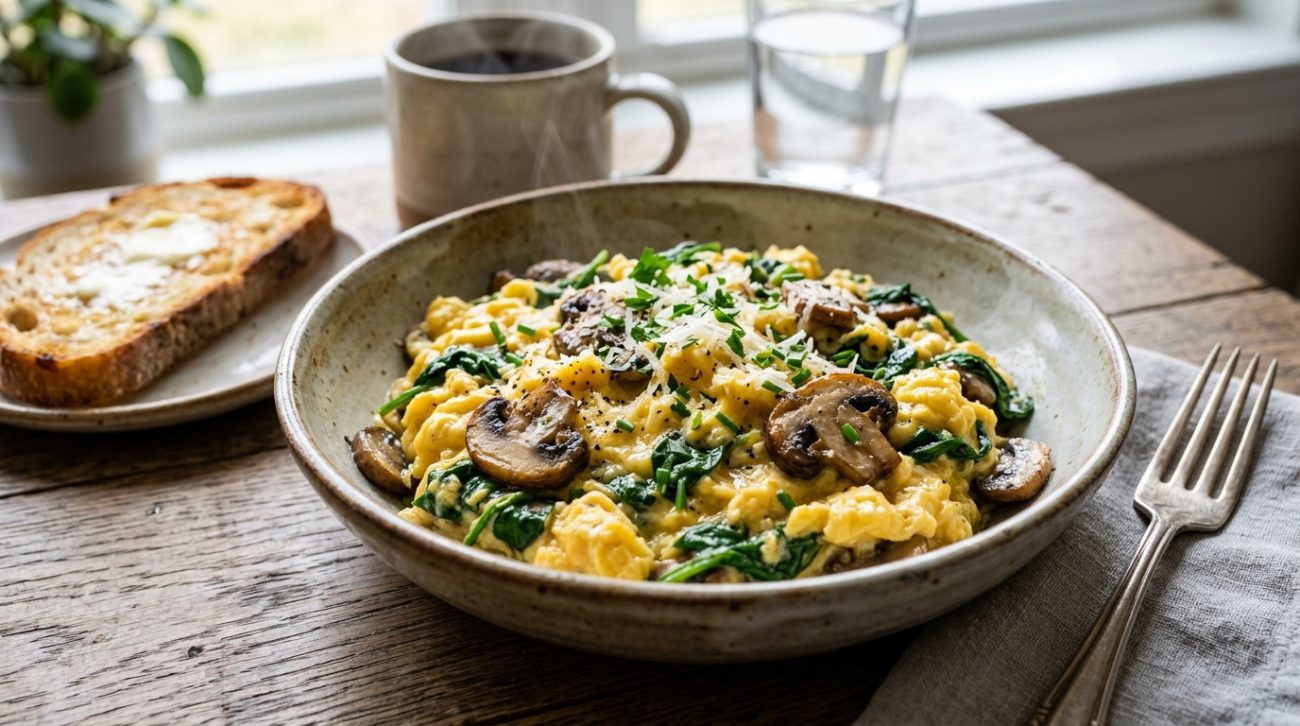 Mushroom Spinach Scrambled Eggs is a healthy high protein breakfast ready in 10 minutes with eggs, spinach and mushrooms.