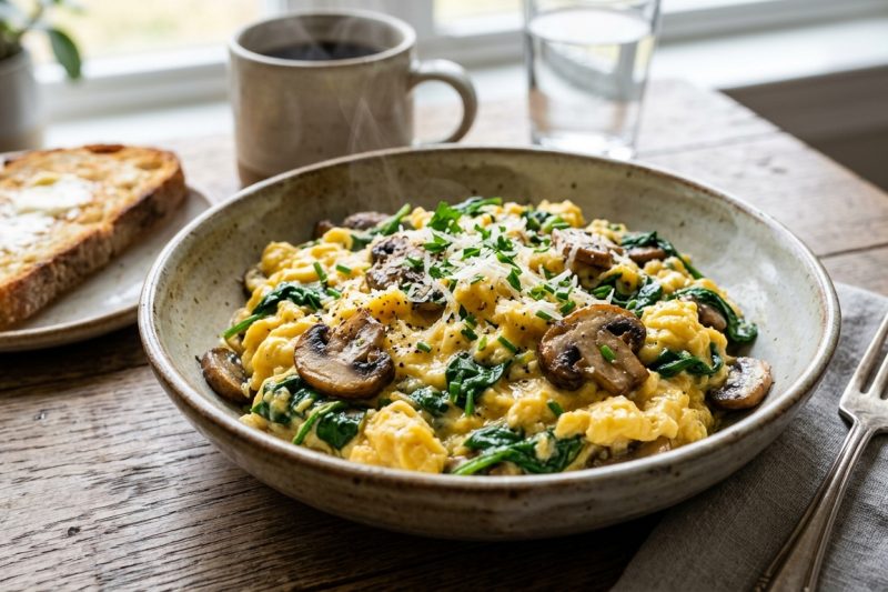 Mushroom Spinach Scrambled Eggs (10-Minute High Protein Healthy Breakfast)