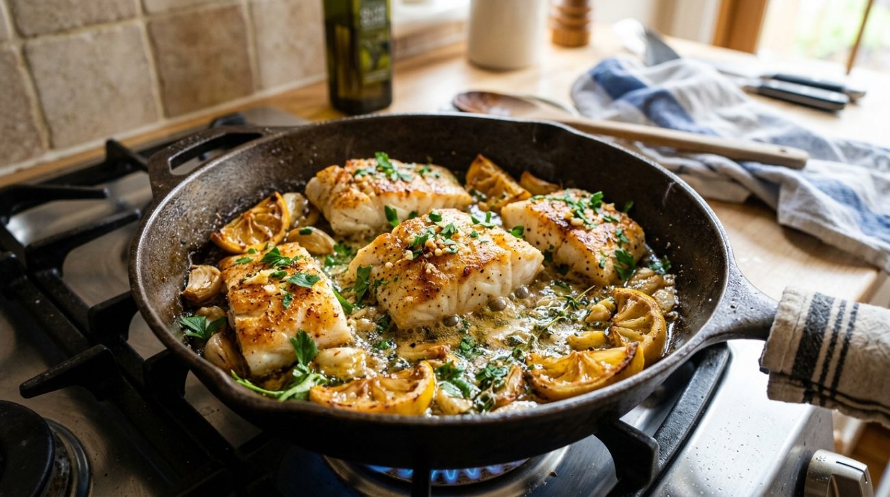 One Pan Lemon Garlic Fish is a healthy Mediterranean dinner made with tender fish, roasted vegetables, garlic and fresh lemon.