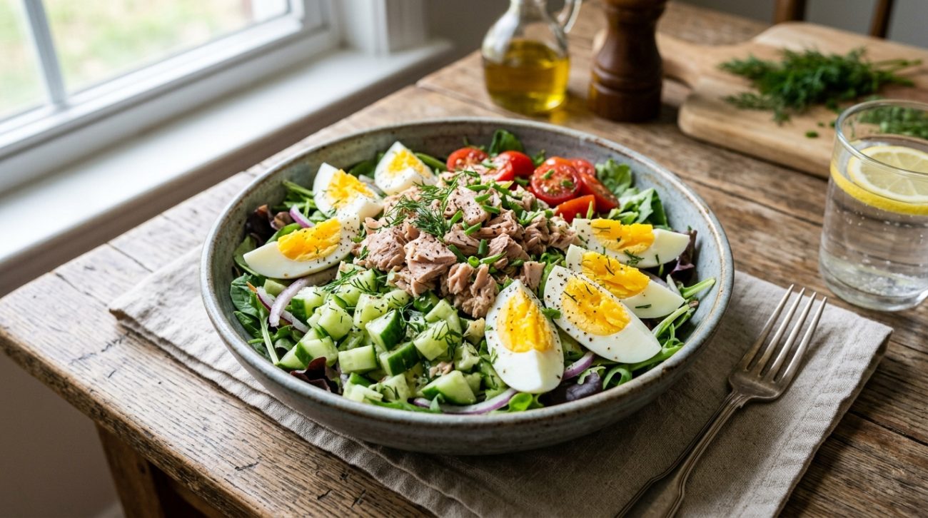 Tuna & Cucumber Salad with Hard-Boiled Eggs is a healthy high protein low carb meal made with tuna, eggs and fresh cucumber.