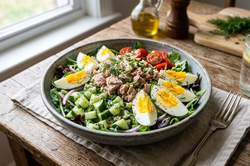 Tuna & Cucumber Salad with Hard-Boiled Eggs (High Protein 100% Healthy Mediterranean Salad)