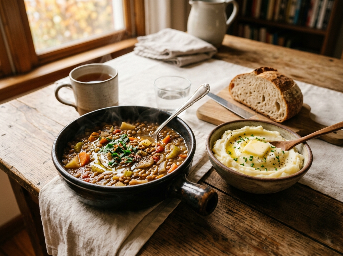 Looking for the perfect cozy meal? This Cozy Lentil Stew with creamy mashed potatoes is healthy, comforting, and easy to make! Packed with plant-based protein and rich flavors — save this recipe now!
