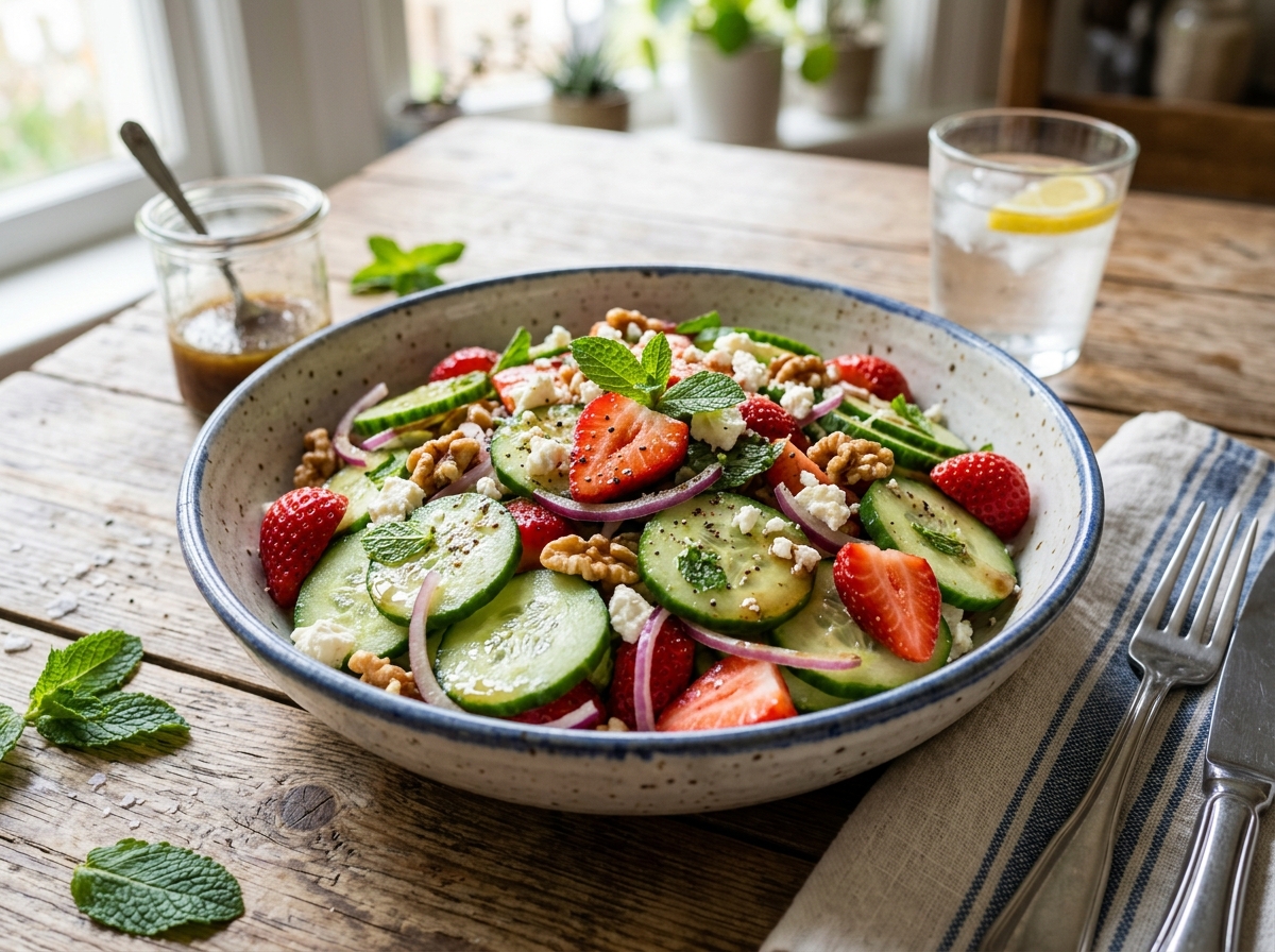 This cucumber strawberry salad is fresh, light, and incredibly easy to make! Perfect for summer, healthy eating, and quick meals. Save this beautiful recipe now!